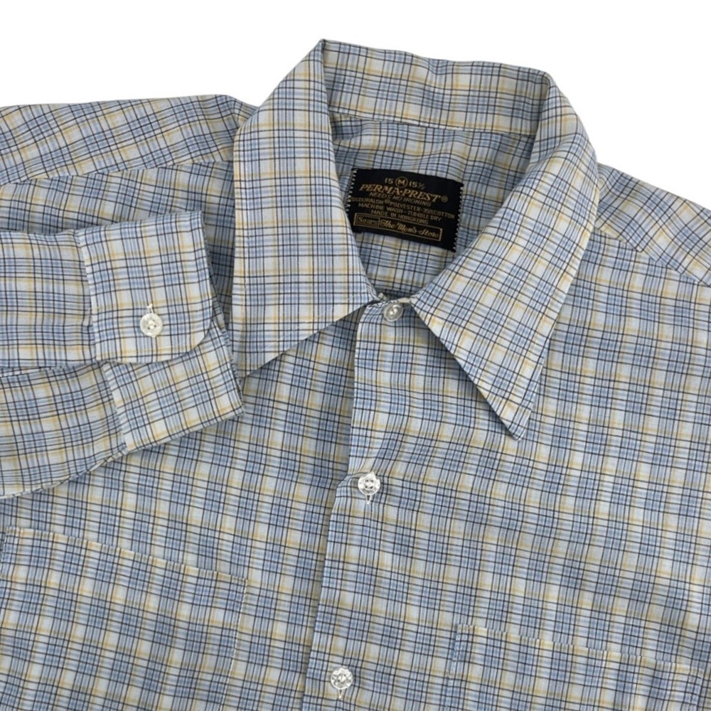 Vintage 70's Sears Perma-Prest Button Down Shirt Mens Medium Blue Plaid Retro